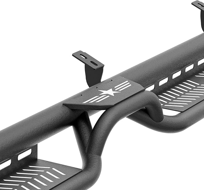 CrewMax Cab Running Boards Side Steps Compatible with 2007-2021 Toyota Tundra Crew Max Cab, Two Stair Drop Design Style Black Truck Side Rails Nerf Bars (Black Powder Coated, Star Logo)