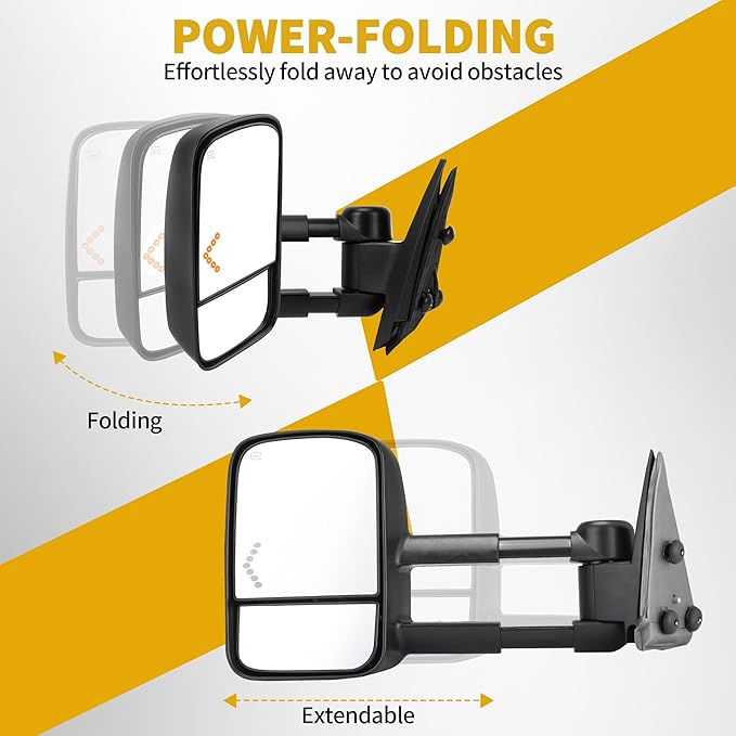DWVO Power Heated Towing Mirrors for 2007-2013 Chevy Silverado 2500HD/3500HD, GMC Sierra, Avalanche 1500, Suburban 1500/2500, Tahoe, Telescoping with LED Turn Signal, Manual Folding, Black