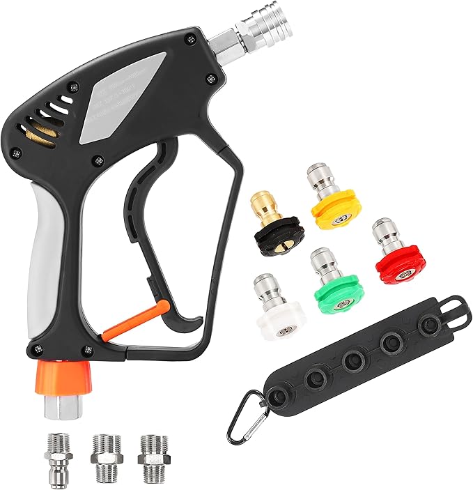 PWACCS Pressure Washer Gun with Swivel, Short Power Washer Gun with 3/8” Quick Connector, M22 14mm /15mm Fitting, 5 Pressure Washer Nozzle Tips with Holder, 5000 PSI Black