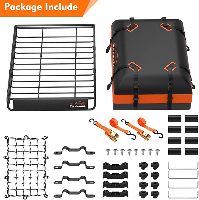 FIVKLEMNZ Car Rooftop Cargo Carrier Roof Bag Waterproof for All Top of Vehicle with/Without Rack Includes Topper Anti-Slip Mat + Reinforced Straps + 6 Door Hooks + Luggage Lock