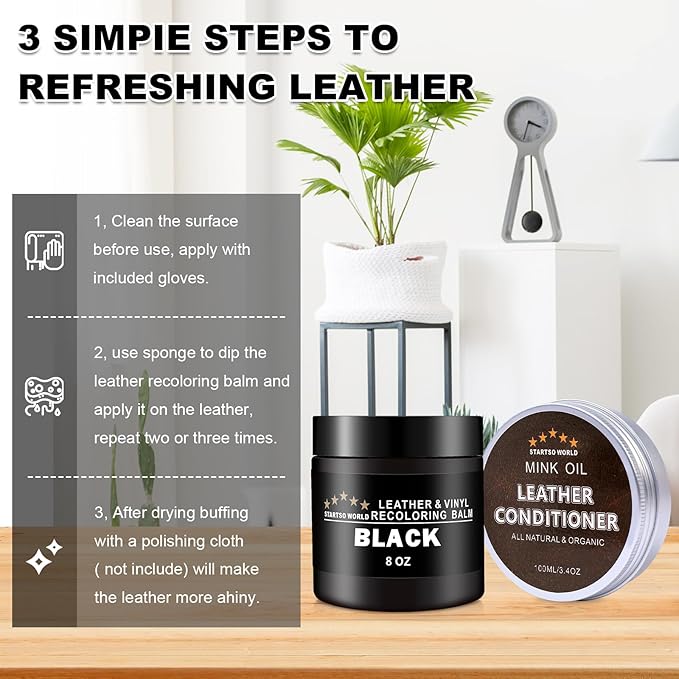 Black Leather Recoloring Balm - Mink Oil, Leather Restore Cream and Leather Repair Kit for Restoration Furniture, Couches, Sofa, Leather Restore Kit for Leather Worn Out, Color Fading, Scratches