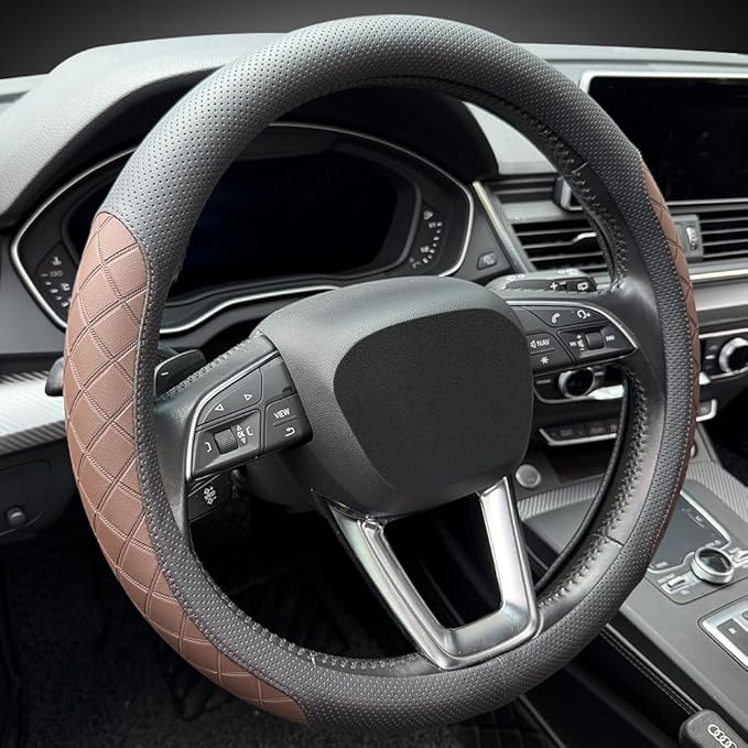 LKWLIKEI Nappa Leather Steering Wheel Cover,Elegant Diamond Checkered Design, Non-Slip wear-Resistant, Enhance Driving Comfort, Suitable for Steering Wheel Diameter 14 1/2‘-15’ Models.Black Brown
