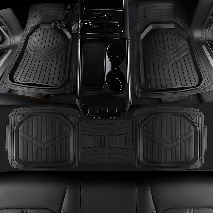 Amazon Basics 3-Piece All-Weather Heavy Duty, Full Set Rubber Floor Mats for Universal Fit in Cars, SUVs, and Trucks, Black, Trim to Customize