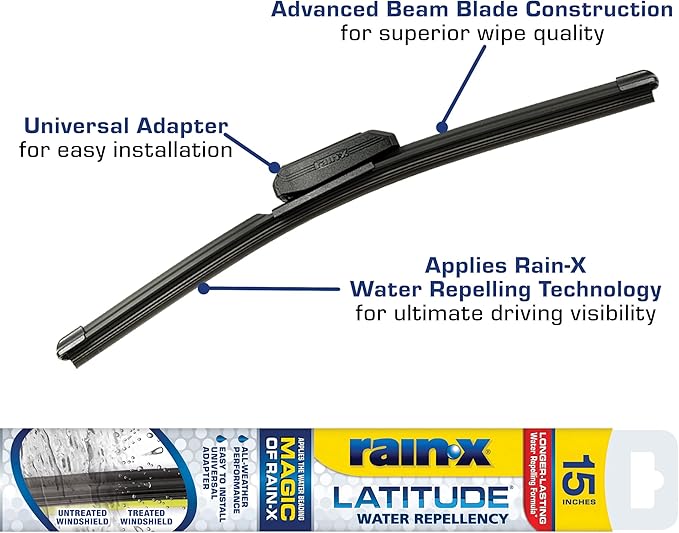 Rain-X 5079273-2 Latitude 2-In-1 Water Repellent Wiper Blades, 15 Inch (Pack Of 1), Automotive Replacement Windshield Wipers With Patented Repellency Formula.