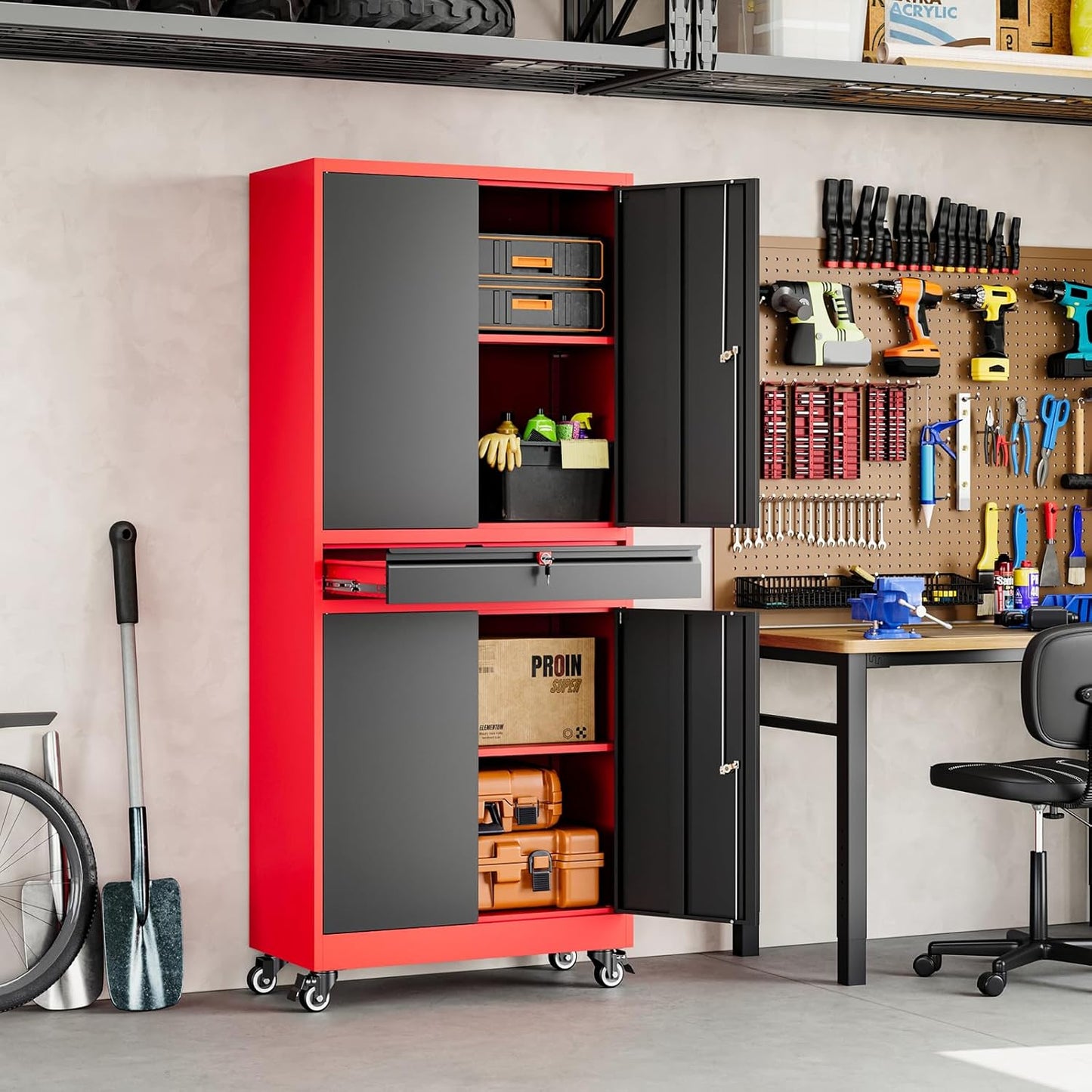 Yizosh Metal Garage Storage Cabinet with Locking Doors and Adjustable Shelves,- 73" Rolling Tool Storage Cabinet with 4 Wheels and 1 Drawer for Garage,Warehouse (Red Black)