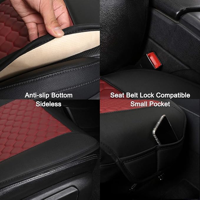 Black Panther 1 Pair Car Seat Covers, Universal PU Front Car Seat Protectors, Non-Wrapped Bottom with Partial Backrest Coverage (Middle Part Only) (Black+Burgundy)