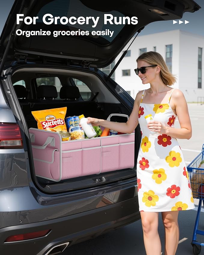 HOTOR Trunk Organizer for SUV – Foldable & Portable Car Organizers and Storage with 2 Compartments, Large Capacity Car Trunk Organizer Car Accessories for Truck Sedan, Pink, 21.7" x 12.8" x 11.0"