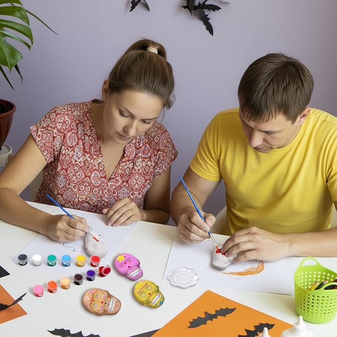 Simgoing 24 Sets Day of The Dead Sugar Skull Ceramic Painting Kit for Adults Dia De Los Muertos Decor Halloween Figurines Crafts Paint Your Own DIY Skull Figurines with 24 Magnet