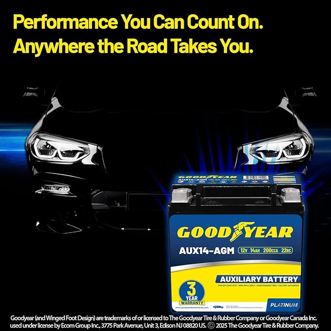 Goodyear AUX14-AGM BCI Group Size 400 12V 14 AH, 22RC, 200 CCA Platinum series Rechargeable AGM Maintenance Free Auxiliary Battery