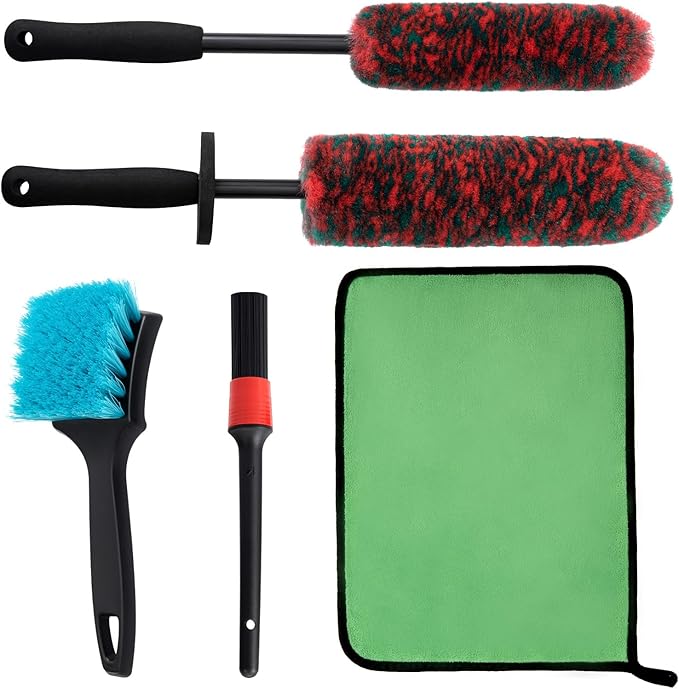 5 Pack Car Wheel and Tire Cleaner Brushes Kit Auto Motorcycle Rim Ultra Soft Microfiber Bendable No Spatter Woolies Bristle Cleaning Set (Red & Green)