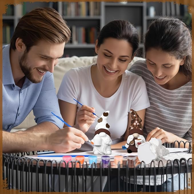 Hollowfly 2 Set Ready to Paint Your Own Gnome Statue 4" Mini Paintable Ceramics Blank Gnome Figurine Brush Palette Paint for Halloween Craft DIY Art Adult Employee Appreciation Gift (Coffee Style)