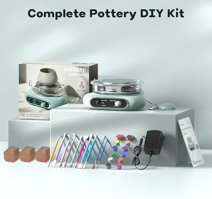 Alldeer Mini Pottery Wheel Kit - 4.7" Turntable Electric Clay Wheel with Foot Pedal, Adjustable Speed Ceramic Making Machine with 8 Pottery Shaping Tools, Craft Kits for Kids