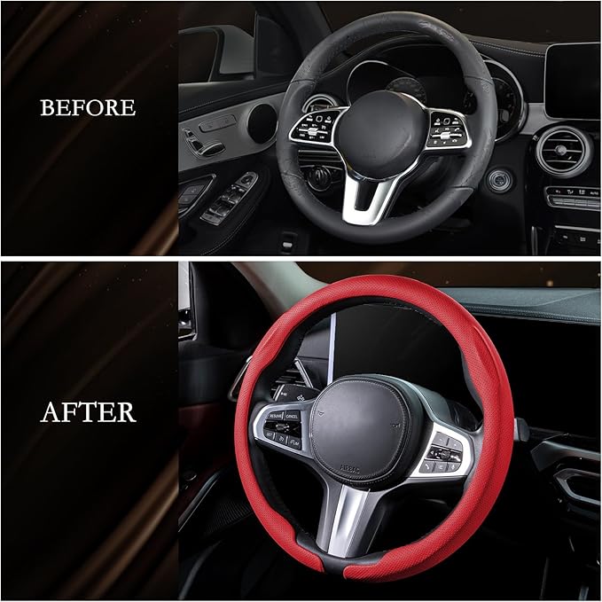 Aimato Nappa Leather Steering Wheel Cover, Ultra-Thin Car Steering Wheel Cover,Comfortable & Breathable Microfiber,Universal Fit for Most Cars, Red