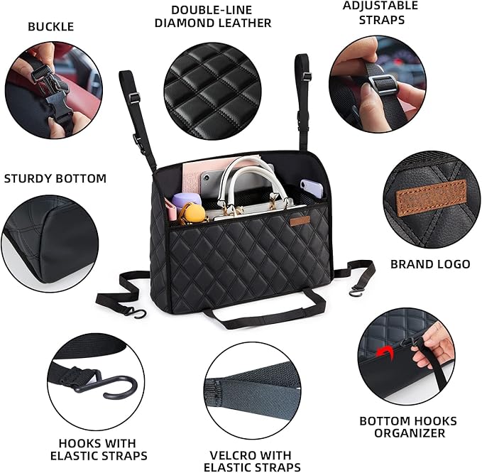 WLLWOO WLLWOO Car Net Pocket Handbag Holder Between Seats Back Storage Organizer Purse Holder for Console Front Seat Storage Barrier
