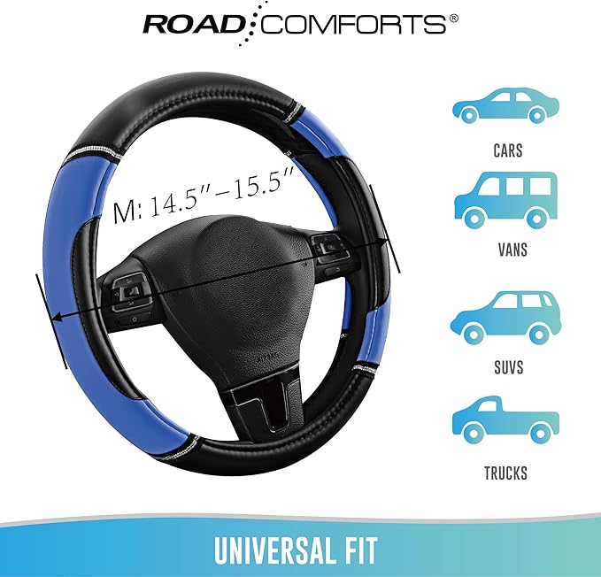 Road Comforts Leather Steering Wheel Cover - Made with PVC Leather - Anti-Slip, Universal Fit 14 1/2 inches to 15 inches - Blue