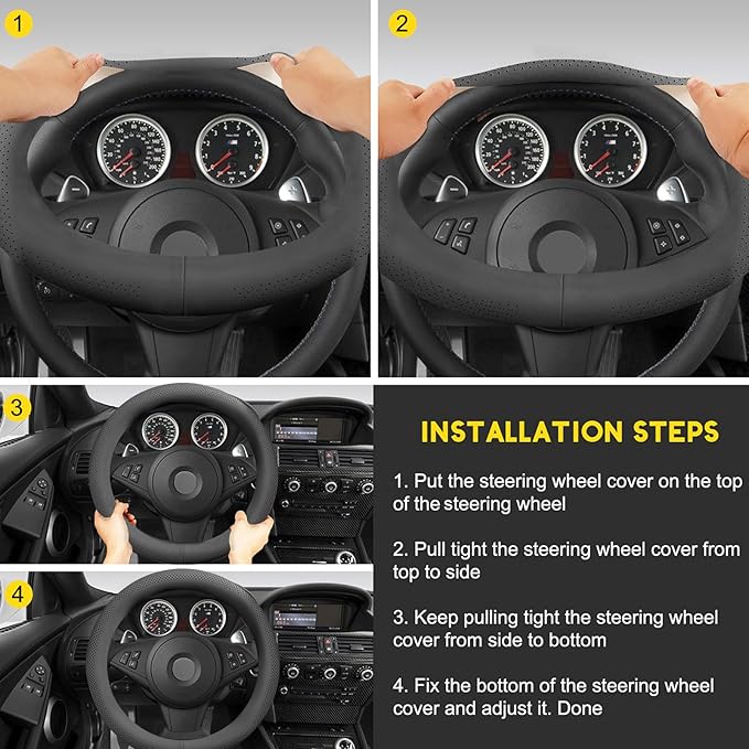 Genuine Leather Steering Wheel Cover for Men Women with Upgraded Silicone Inner Ring, Thin, Non-Slip, Breathable, Odorless, Universal 14.5-15 Inch (Pure Grey, Genuine Leather)