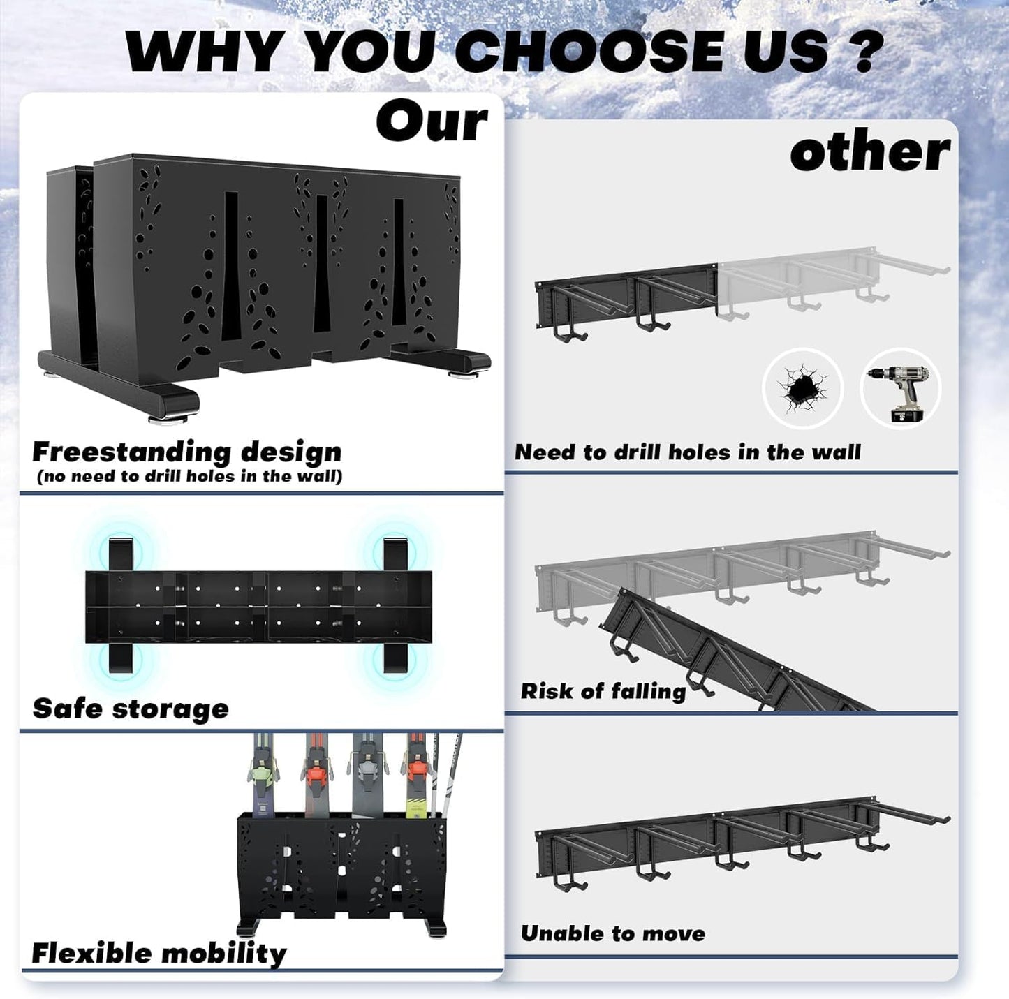 Heavy Duty Metal Ski Storage Rack, 8 Pair Freestanding Steel Ski Holder, Floor Stand Ski Organizer Rack