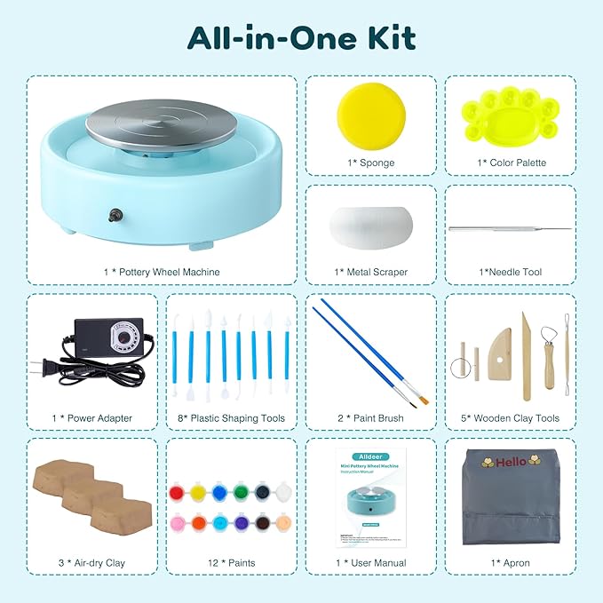 Alldeer Mini Pottery Wheel Machine - 6" Upgraded Clay Wheel for Beginners & Kids, 75W Motor, Adjustable Speed, Low Noise Ceramic Making Kit with 18PCS Sculpting Tools, Ideal for Home DIY