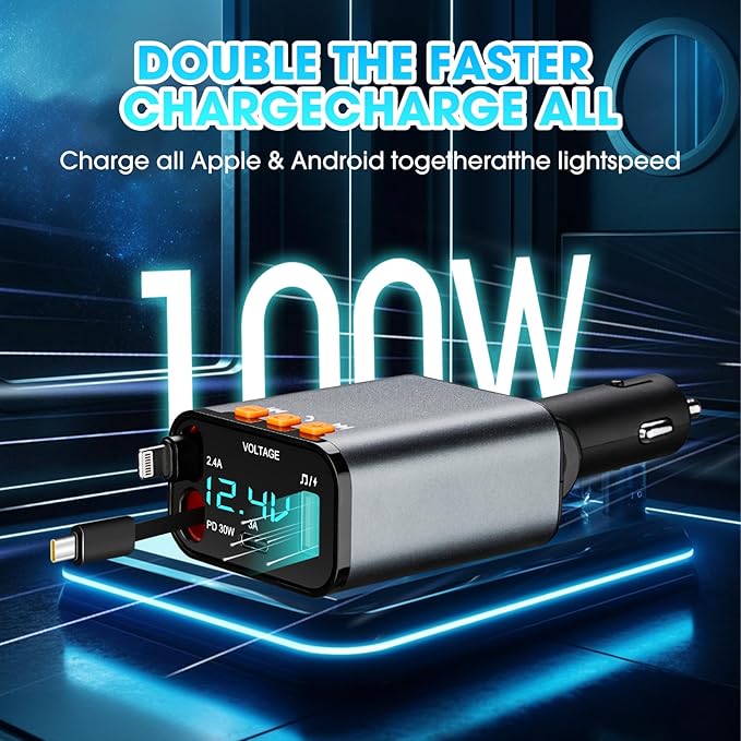 Retractable Car Charger,5 in 1 Fast Cars Phone Charger 60w,Bluetooth 5.3 FM Transmitter Adapter,Handsfree Call,MP3 Player,2 Retractable Cables and USB Chargers, for Phone,Galaxy,Pixel (Black)