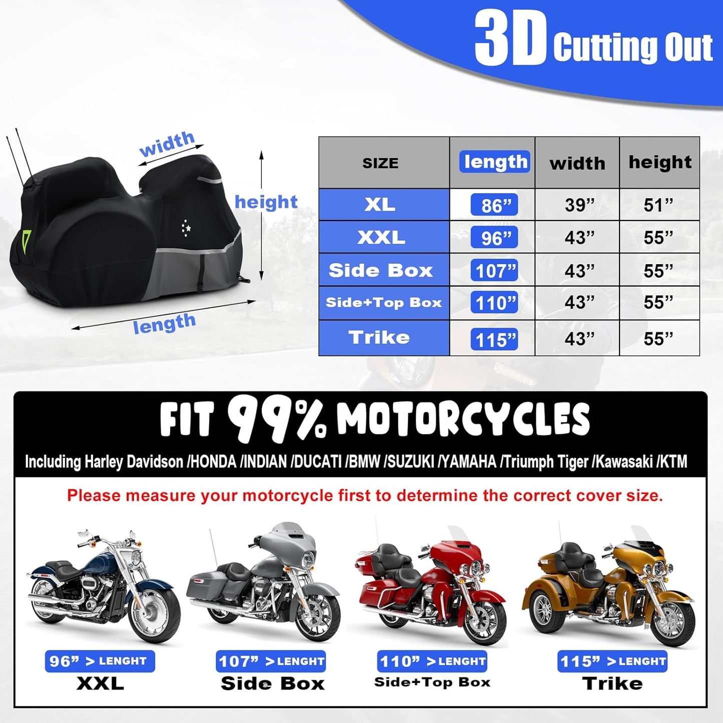 Trike Cover, Heavy Duty 420D Waterproof for Harley Davidson Freewheeler, Tri Glide, Goldwing, Chieftain, Challenger - Black/Gray