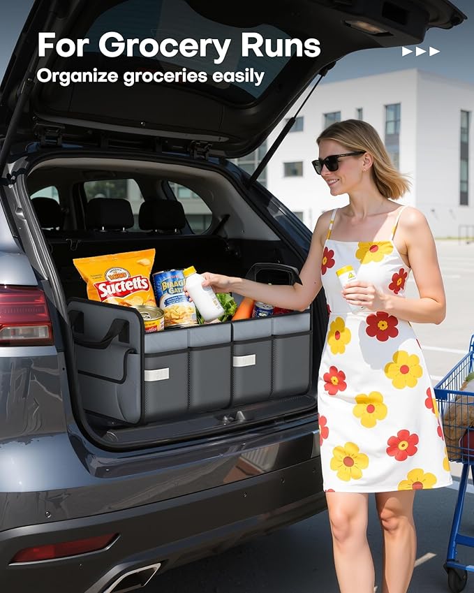HOTOR Trunk Organizer for SUV – Foldable & Portable Car Organizers and Storage with 2 Compartments, Large Capacity Car Trunk Organizer Car Accessories for Truck Sedan, Grey, 21.7" x 12.8" x 11.0"