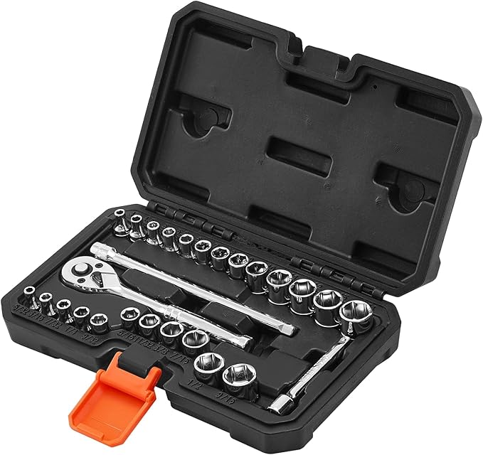 VEVOR Socket Set, 27 Pieces, 1/4 inch Drive Socket and Ratchet Set, SAE and Metric, Mechanic Tool Kit with Ratchet Wrench, Extension Bar and Storage Case, CR-V Alloy Steel, for Automotive Repair
