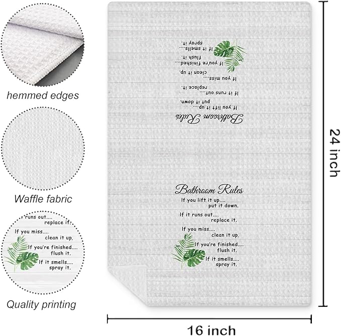 Funny Bathroom Rules Decorative Hand Towels Set of 2, Rustic Farmhouse Hand Towels for Bathroom Decor, 16x24 Inch(Tropical Leaves Style)