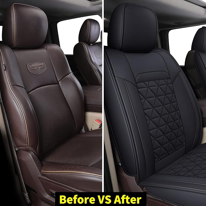 Coverado Car Seat Covers Compatible with Dodge Ram 2002-2025 1500 2500 3500 Pickup Limited Laramie Big Horn Waterproof Leather Seat Protectors Fit for Dodge Ram Crew Cab& Quad Cab(2PCS, Black)