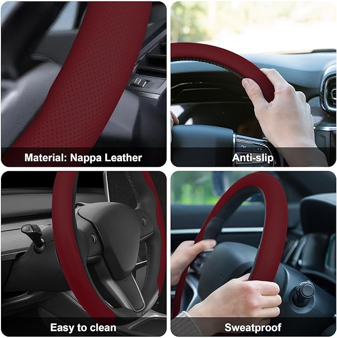 frani Nappa Leather Steering Wheel Cover, Universal 15 Inch Premium Non-Slip Steering Wheel Cover Wine Red