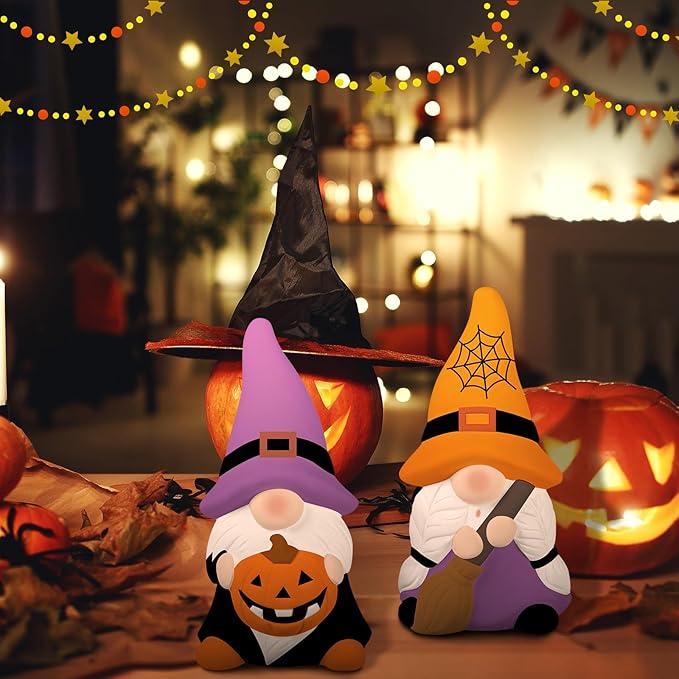 Hollowfly 2 Pack Halloween Ready to Paint Your Own Gnome Statues, 4 Spider Web Pumpkin Mini Blank Ceramics Unpainted Gnome Figurines Craft DIY Art with Brush Palette Paint for Adults
