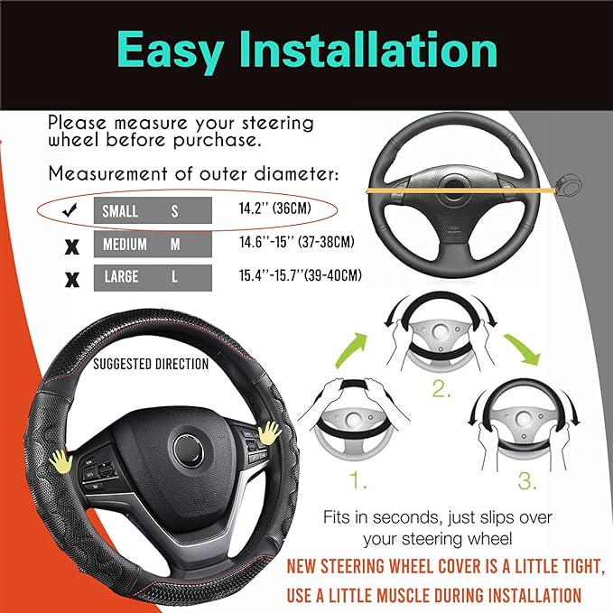 PINCTROT Small Size Steering Wheel Cover Great Grip with 3D Honeycomb Anti-Slip Design, 14 Inch (Black/Red Stitch)