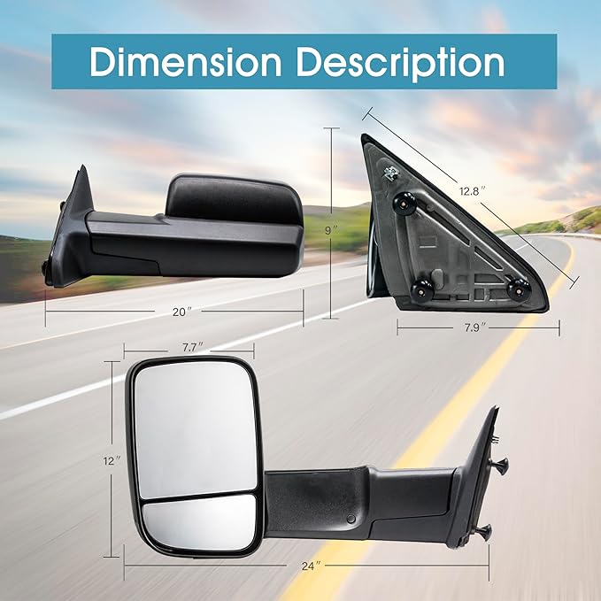 BOOLEE Towing Mirrors Manual Adjusted Compatible with 2009-2018 Dodge Ram 1500 2500 3500 Pickup Truck Manual Flip Up Tow Mirrors LH RH