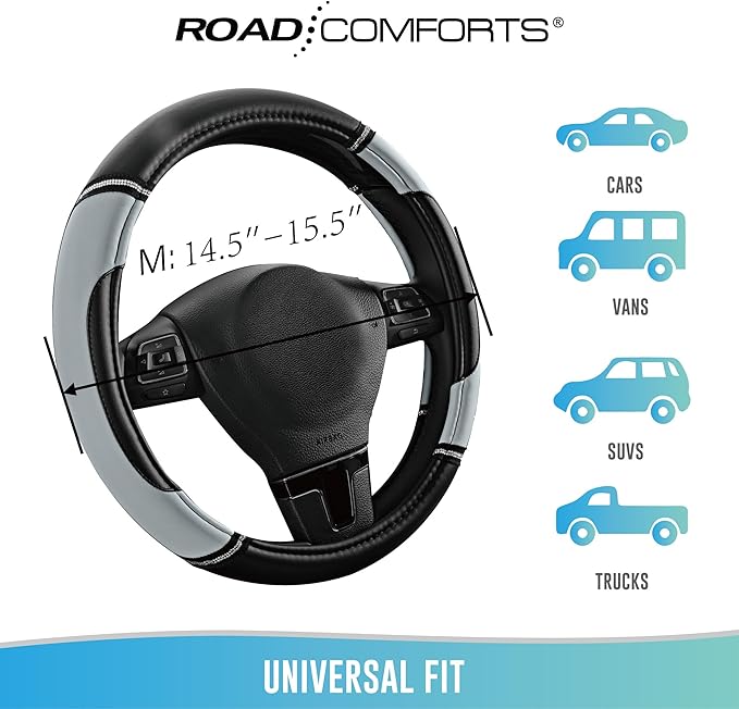Road Comforts Leather Steering Wheel Cover - Made with PVC Leather - Anti-Slip, Universal Fit 14 1/2 inches to 15 inches - Gray