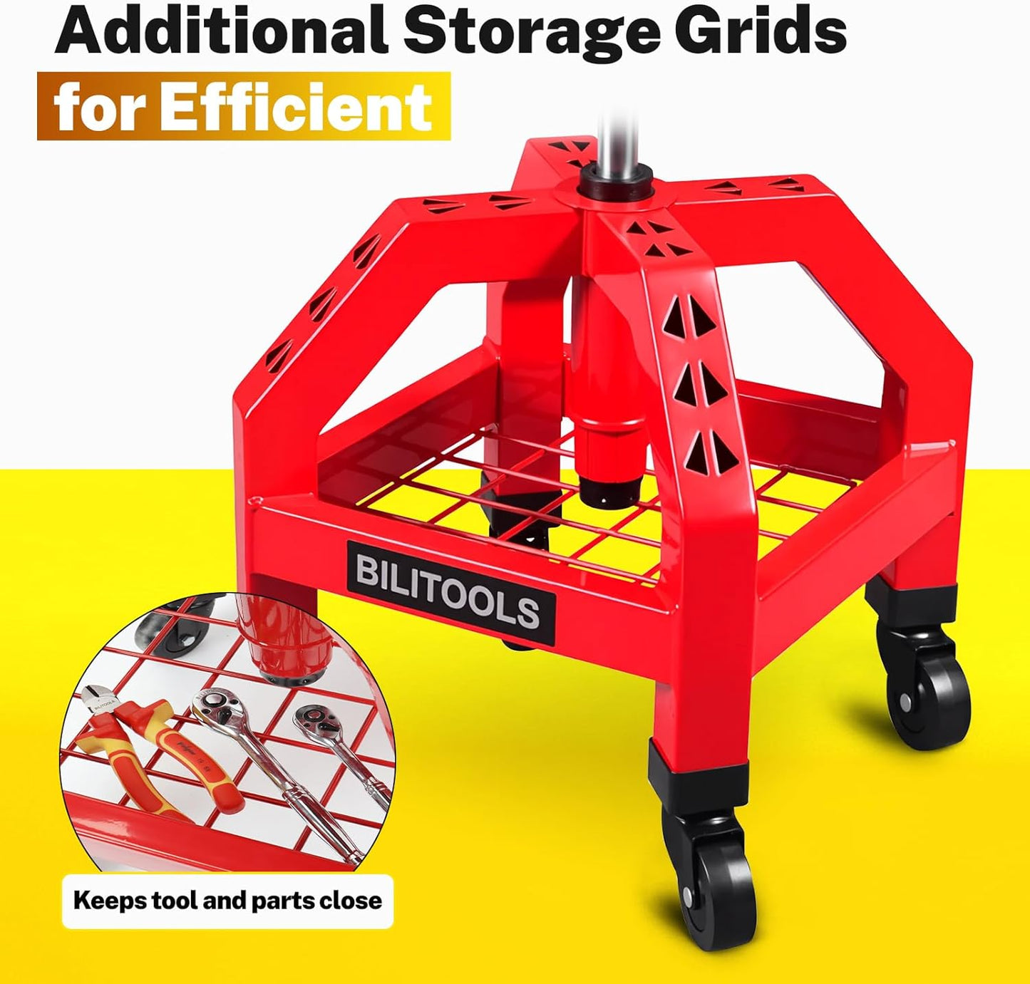 BILITOOLS Heightened Rolling Shop Stools with Wheels 26-33", Adjustable Garage Mechanic Stool Oversized Seat & Backrest, 300 LBS Shop Chair for Garage with Wheels Heavy-Duty Swivel Tool Tray Storage