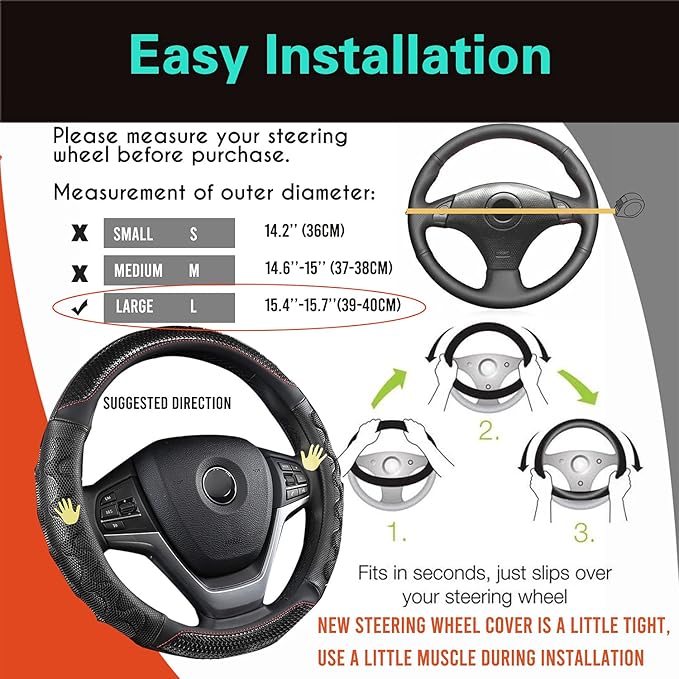 PINCTROT Large Size Steering Wheel Cover Great Grip with 3D Honeycomb Anti-Slip Design, 15.5-15.75 Inch (Black/Red Stitch)