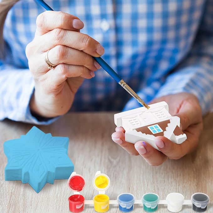 Simgoing 24 Sets Christmas Winter Ceramics to Paint Set Gnomes Ready to Paint 24 Unpainted Ceramics with Acrylic Brushes Magnets DIY Snowflake Snowman for Winter