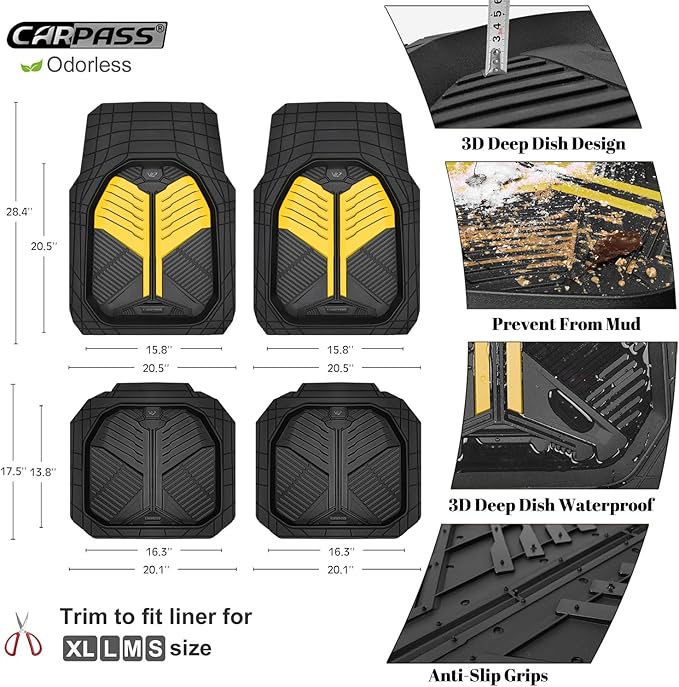 CAR PASS Heavy Duty Rubber Car Mats, Deep Dish Car Floor Mats All Weather, Car Mats Full Set 4-Piece Trim to Fit for Sedans SUVs Trucks, Waterproof Anti-Slip Automotive Mats, V12 Black and Yellow