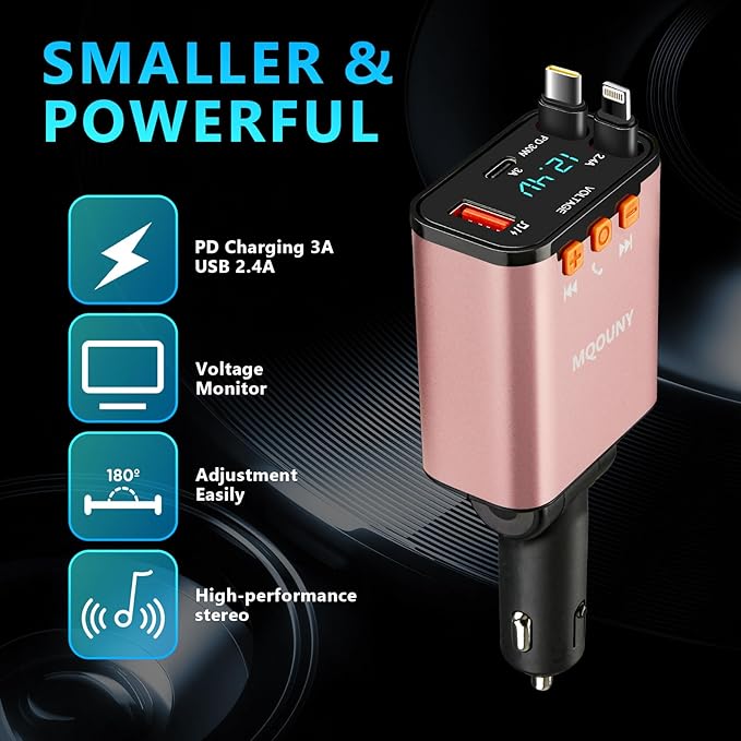 Retractable Car Charger,5 in 1 Fast Cars Phone Charger 60w,Bluetooth 5.3 FM Transmitter Adapter,Handsfree Call,MP3 Player,2 Retractable Cables and USB Chargers, for Phone,Galaxy,Pixel (Pink)