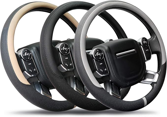COFIT Breathable Car Steering Wheel Cover 16 inch Auto Universal Leather Wrap Non-Slip Steeringwheel Protector Automotive Interior Accessories, Grey (Suit for 15.5-16 inch)