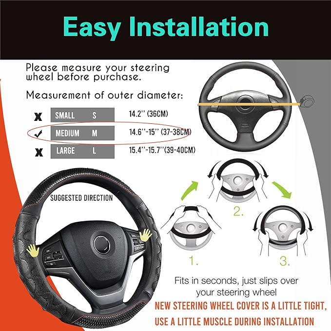 PINCTROT Steering Wheel Cover Great Grip with 3D Honeycomb Anti-Slip Design, Universal 14.5-15 Inch (Black/Red Stitch)