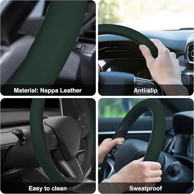 frani Nappa Leather Steering Wheel Cover, Universal 15 Inch Premium Non-Slip Steering Wheel Cover Black Green