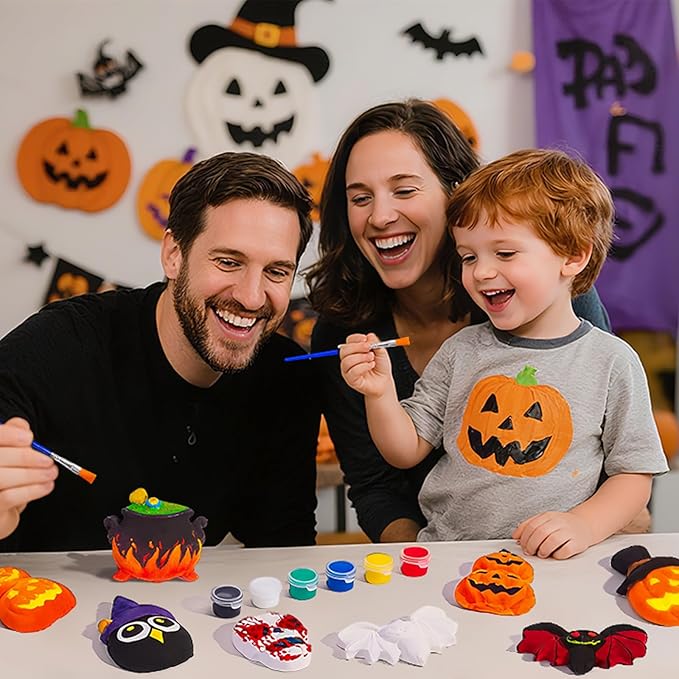 xFFFun DIY Halloween Painting Kit, 24 Set Ceramics to Paint with Unpainted Pumpkin Ghost Bat Ready to Paint Ceramics for Classroom Activity Halloween Gifts Party Decor