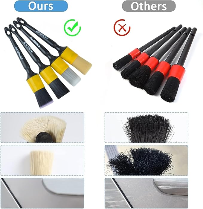 4pcs Car Detailing Brush Set, Boars Hair, Ultra Soft, No Scratch, Interior & Exterior, Includes 4 Different Brushes, Ergonomic Design, Multi-use for Vehicle, Bicycle, Motorcycle, Boat