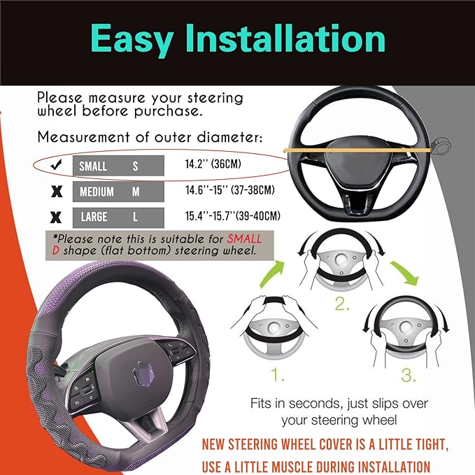 PINCTROT D Shaped 14 Inch Small Sized Steering Wheel Cover Great Grip with 3D Honeycomb Anti-Slip Design, Flat Bottom 14 Inch (Purple)