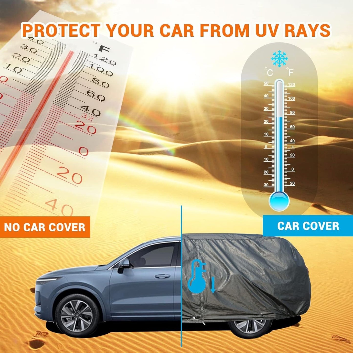 Tecoom Car Cover Waterproof All Weather, 3 Layers Car Covers for Automobiles with Lock/Zipper Door, Thick Fleece Lining UV Snow Rain Hail Protector Car Cover, Universal Fit for SUV (191-205 Inch)