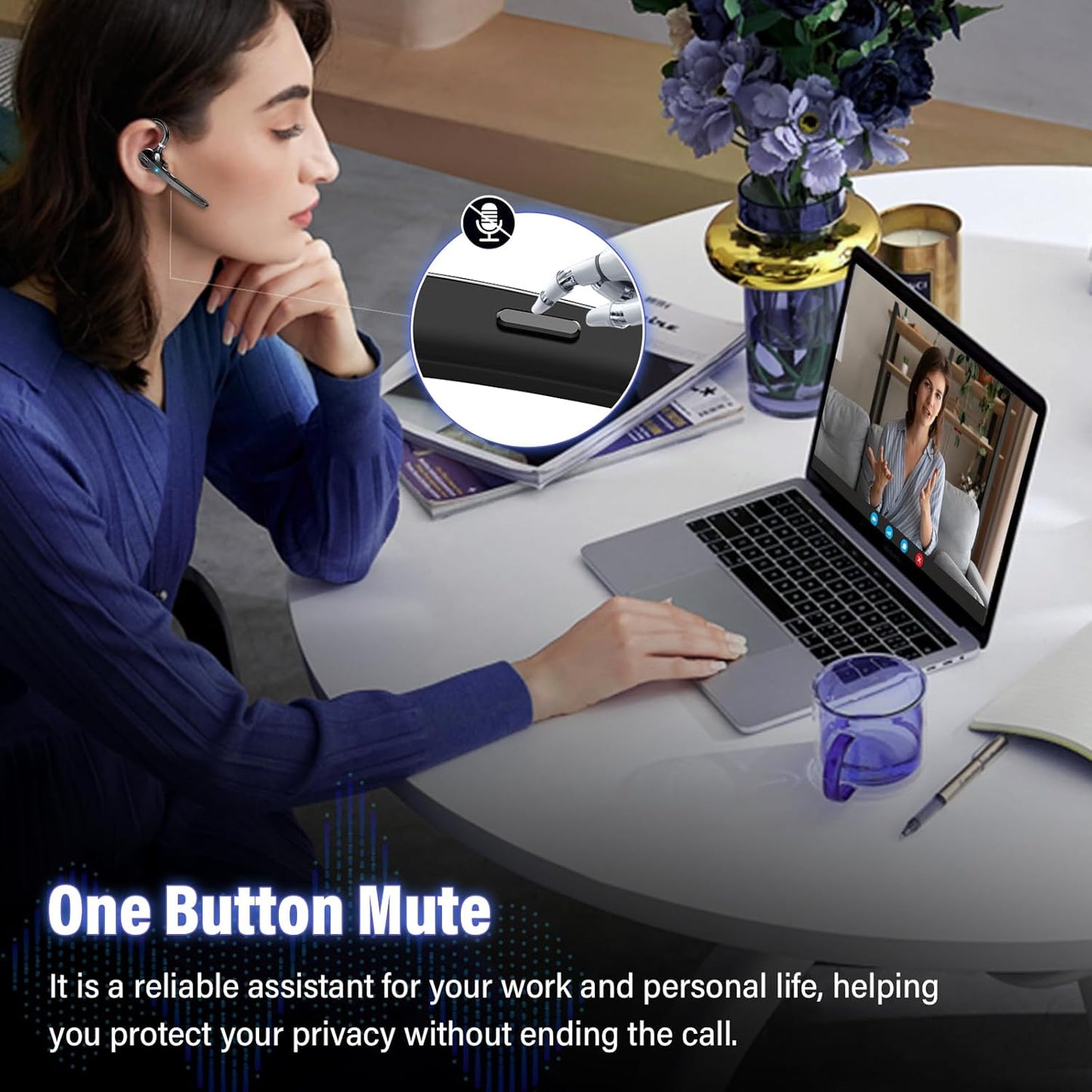 Bluetooth Headset, Wireless Bluetooth 5.3 Earpiece, 90Hrs Hands Free Headset with APTX HD Audio & Mute Button, Dual Noise Cancelling Mics, Single-Ear Headphone for Trucker/Business/Office/Gym