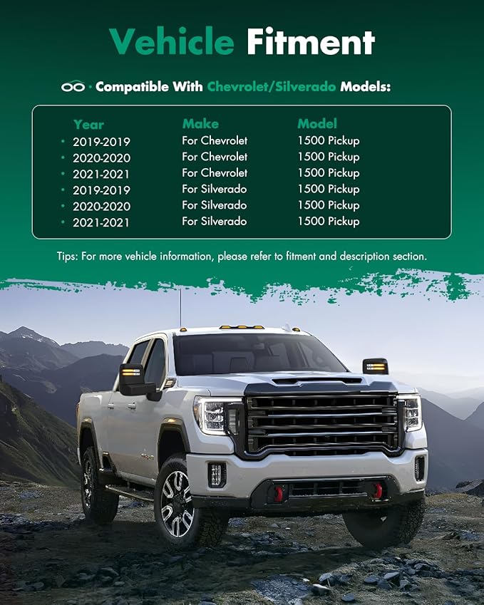 SCITOO Towing Mirrors Compatible With 2019-2022 For Chevy Silverado 1500 Pickup A Pair(Left Right Side Tow Mirrors) With Power Heated Turn Signal Width Puddle Running Back-up Light Temp Sensor Chrome