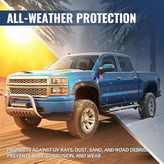 4PCS Fender Flares Fit Ford F150 Style Side w/ 67.0" / 78.8" / 97.4" Bed Length Models 2009-2014, Not Fit Platinum and Raptor Model Textured Factory Style Wheel Trim 9L3Z16038A, 9L3Z16038B, 9L3Z16039B