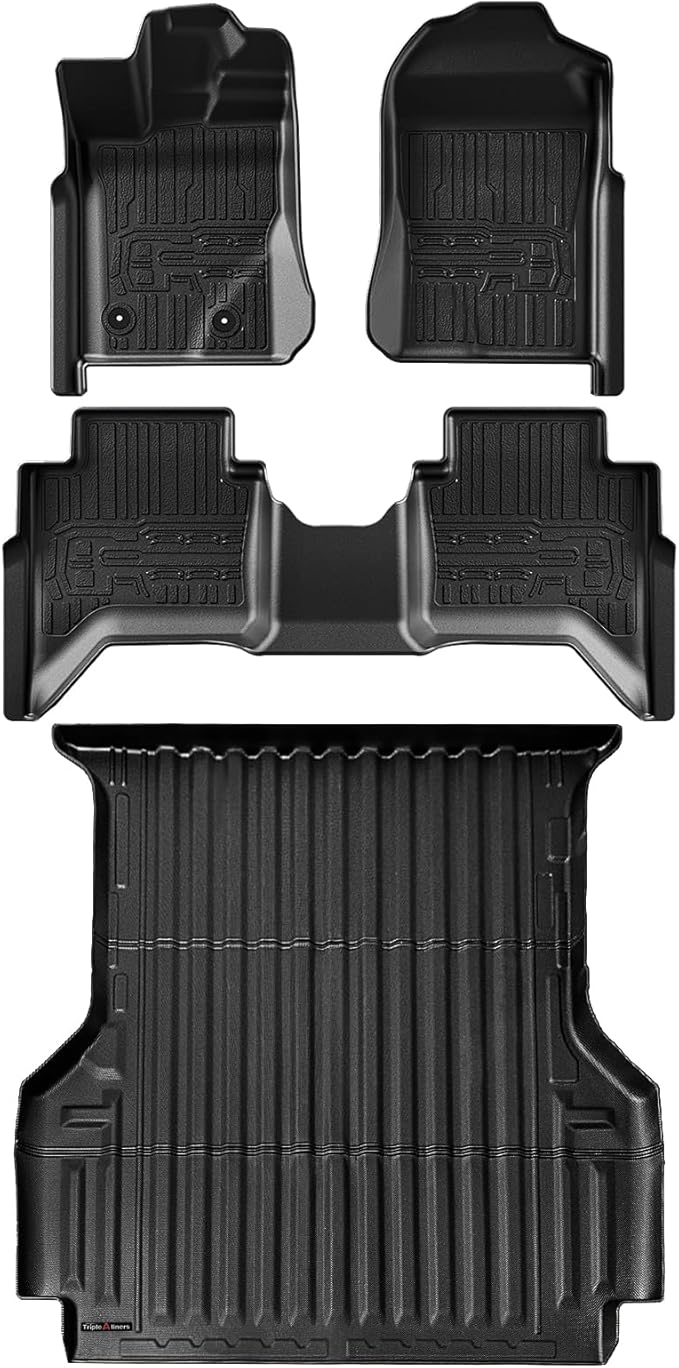 TripleAliners Truck Bed Mat & Floor Mats Front Rear Full Set Compatible with Ford Ranger 2024-2025 SuperCrew Accessories All Weather TPE Truck Liner Custom Fit (5FT Truck Bed Mat+Floor Mats)