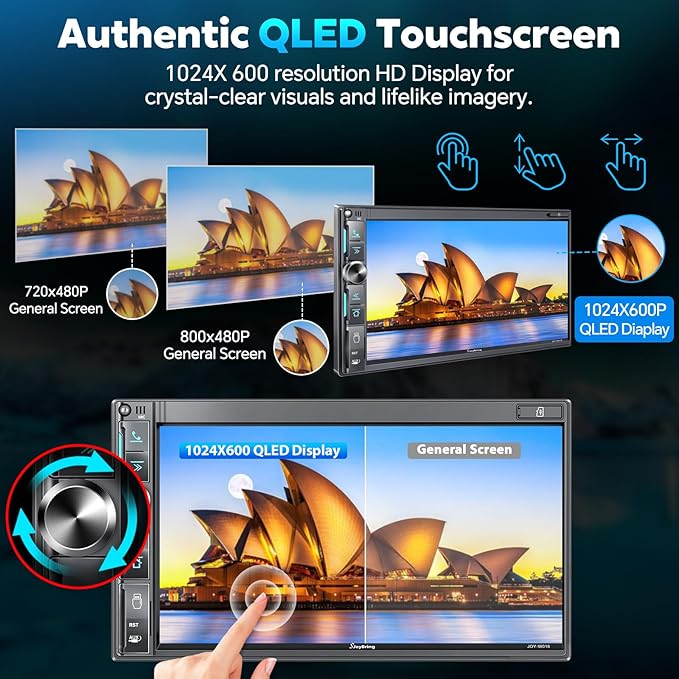 7" Double Din Car Stereo with Wireless Apple CarPlay & Android Auto, QLED Touchscreen, Bluetooth, Backup Camera, 4.2-CHN Audio, 2 Subwoofer Outputs, AM/FM Car Radio